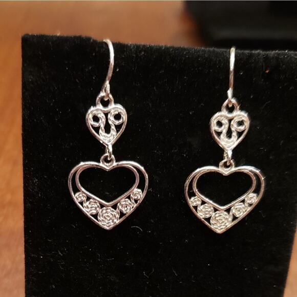 DELICATE SILVER drop heart with roses earrings‎ - Picture 1 of 4